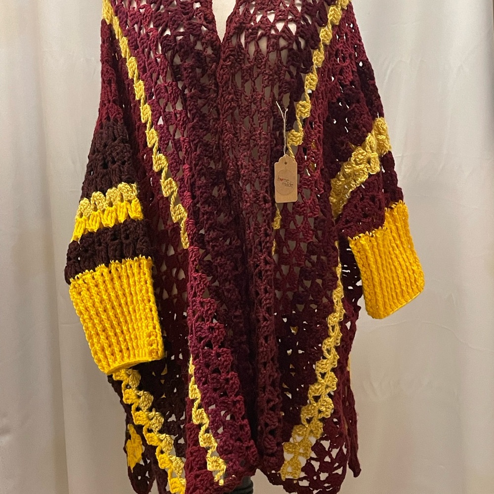 Handmade Crochet Poncho in Burgundy and Yellow